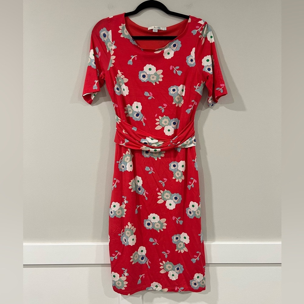 Boden Lottie Ruched Jersey Red Floral Print Midi Dress Bloom Size 8 L - Picture 2 of 8